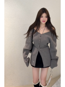 YUEZHONGWEI | Off Shoulder Gray Knit Sweater Cardigan