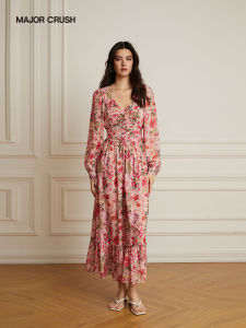 French Style Pink Floral Print Loose Waist-cinched V-neck Dress