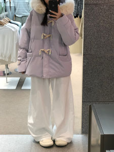 KUGEMA | Womens Down Cotton Jacket Korean Style Loose Fit Warm Short Coat Trendy Polyester Fiber Hooded Button Closure Solid Color