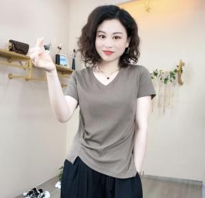 Summer Outdoor Casual V-Neck Short Sleeve T-Shirt Pure Cotton Basic Color Sportswear Comfortable Fit Womens Top