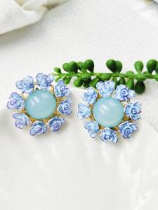 Elegant Blue Flower Stud Earrings French Atmosphere Womens Fashion Jewelry Classic Style Alloy Embedded Artificial Gem