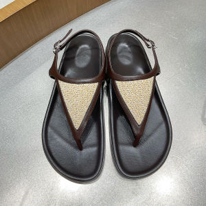 Cowhide Niche Style Triangle Design Genuine Leather Thick Sole Casual Straw Flip-Flops Womens Summer Outwear Flip-Flops Roman Shoes