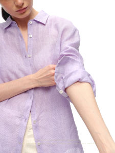 SHEITAOZI | Purple Gingham Linen Shirt Long Sleeves Loose Business Casual
