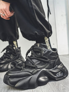 Mens Heightening Shoes 10cm Paris Show Thick Bottom Old Dad Black Samurai Trendy Shoes Casual Leisure round Toe Lace up