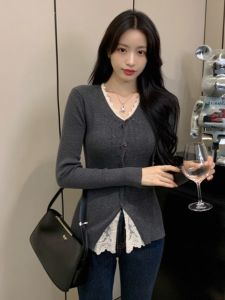 BINKAFENNY | Gray Lace Splice Long Sleeve T-Shirt Womens High Waist Slim Fit V-neck Split Upper Body Fashion Korean Style Commute Wind
