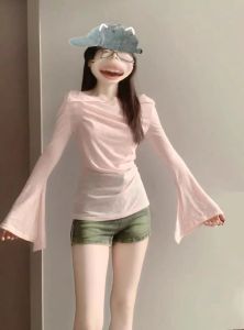 Áo Thun Dài Tay Mỏng Thời Trang Mùa Hè Cho Nữ Dáng Ôm Vừa Vặn Chất Liệu Cotton Pha Trộn Cổ Polo Tay Thường Màu Trơn