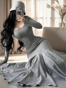 150.00kg Plus Size Plus Size Ladies French Style Temperament Elegance Western Dress Fishtail Tight Waist Slim Fit Slimming Sheath Bottom Long Dress for Women