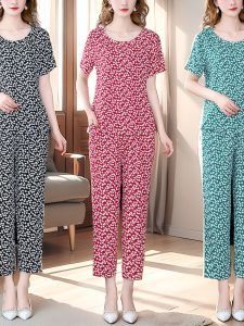 Ladies Cotton Silk Home Wear Two-Piece Set Summer Loose Short Sleeve Wide Leg Pants Comfortable Breathable Casual Outfit