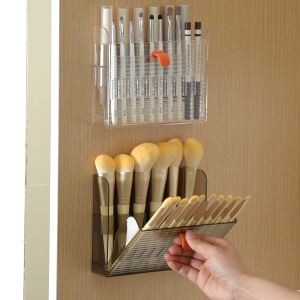 Makeup Brush Holder Organizer Front Opening 80 Degree Lid 16 Slots 6 Large 10 Small Adhesive Wall Mount Clear Brown PS Material Anti Slip Lock