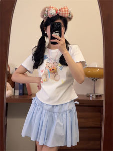 Cute Bear Print Short Sleeve T-Shirt Womens Sweet Style Slim Fit Shoulder Length Roll up Cotton Blend Summer Top