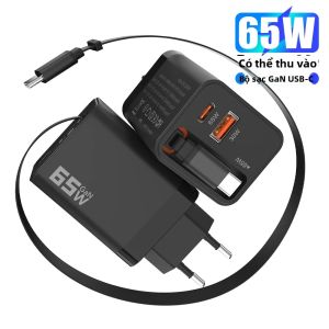 Bộ Sạc USB C 65W Có Cáp Loại C Có Thể Thu Vào Cổng Kép GaN Sạc Nhanh Bộ Sạc Tường Có Thể Gập Lại Cho MacBook Và Du Lịch