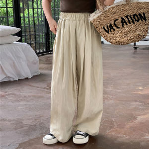 Rolanko Children Girl Plain Elastic Waist Long Pants Cotton Summer Casual Straight Wide Leg Loose Trousers for 4-14 Years Kid Girl