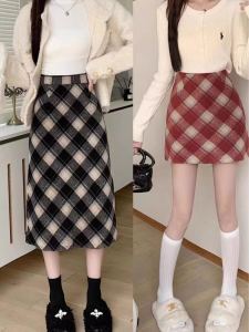 กระโปรงสั้นทรงเอเอวสูงผ้าขนสัตว์ลายสก็อตสไตล์ย้อนยุคสำหรับผู้หญิงไซส์ใหญ่ กระโปรงสั้นทรงเอทรงเอ