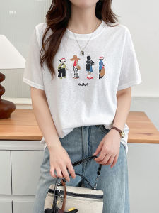 เสื้อยืดคอกลมแขนสั้นผ้าฝ้ายฤดูร้อนสำหรับผู้หญิงไซส์ใหญ่ ระบายอากาศได้ดี ทรงหลวม ปกปิดหน้าท้อง แฟชั่นลำลอง