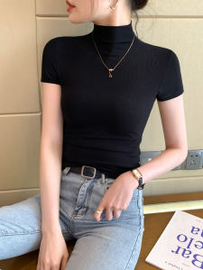 Black Ribbed Half High Collar Short Sleeve Knitted Slim Fit T-Shirt Womens Summer New Style Base Shirt Fashionable Base Layer Top