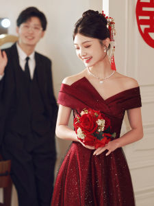 Red One-Shoulder Bridal Dress Korean Style Flower Embroidery Mid-Waist Slim Fit Wedding Dress for Engagement And Parties