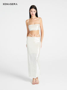 ชุดกระโปรงยาวเซ็กซี่ XENASERA ผูกโบว์ด้านหน้า กระโปรงทรงเอ ผ้าไนลอน ทรงเข้ารูป ฤดูใบไม้ผลิ 2025 ชุดกระโปรงยาว