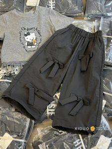 Cute Cartoon Kitty Cat Short Sleeve T-Shirt Baby Girl Summer Outfit Wide Leg Pants Ruffle Edge Bow Knot Korean Style Kids Clothes