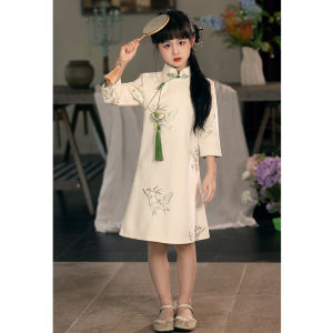 New Chinese Style Green Qipao Dress for Girls Childrens Retro Revamped Version Elegant High-End Feel Spring Autumn Wear