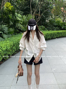 Original 44AaSi White Shirt with Puff Sleeves And Waist-Cinching Design Summer Turn-down Collar Bubble Sleeve Slim Fit Blouse