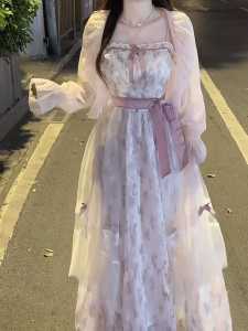 Summer Fairy Tale Pink Floral Lace Splice Halter Dress Girls Dress French Super Fairy Long Skirt Commute Style Spring Autumn