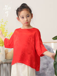 Loose Lightweight Silk Blend Summer Shirt for Girls Child round Neck Embroidered mid Sleeve Traditional Chinese Style Clothing