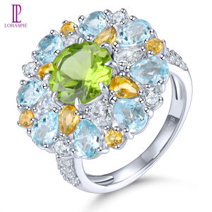 Lohaspie Jewelry Genuine 6.2 Carats 925 Sterling Silver Rings Natural Peridot Sky Blue Topaz Ring Birthstone Ring Women Peridot Ring Blue Topaz Ring 925 Silver Jewelry