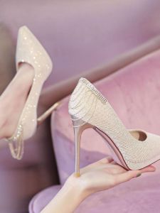 Tassel Trim High Heels Womens Elegant 2025 New French Style Waterproof Platform Wedding Shoes Pointed Toe Thin Heel Comfortable Single Shoes