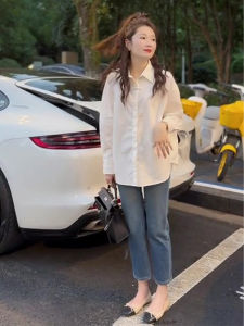 เสื้อเชิ้ตผู้หญิงสไตล์ฝรั่งเศส ปักกระดุม แขนยาว ทรงหลวม สไตล์เกาหลี ปกโปโล เสื้อเชิ้ตผู้หญิงฤดูใบไม้ผลิ 2024