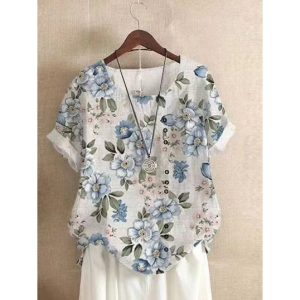 เสื้อเชิ้ตแขนสั้นผ้าฝ้ายลินินพิมพ์ลายย้อนยุคสำหรับผู้หญิงในช่วงฤดูร้อนปี 2025 เสื้อเชิ้ตลำลองคอตั้งแขนสั้นลายดอกไม้ผ้าฝ้ายลินินสำหรับผู้หญิง
