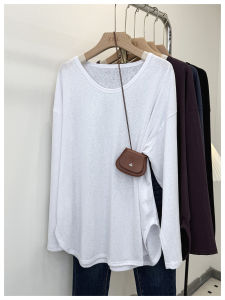 Loose Long Sleeve U-Neck T-Shirt Womens White Cotton Polyester Blend Anti-UV Windproof Slimming Middle-Length Overlap Wear