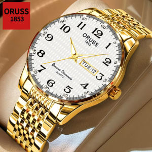 [Gift][With Box]ORUSS Original Men Stainless Steel Luxury Dual Calendar Luminous Waterproof Fashion Watch Analog Business Korean Automatic Quartz Wrist Watch For Men