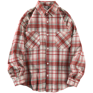 Elegant Wine Red Plaid Long Sleeve Shirt Men Women Autumn Winter Versatile Trendy Japanese Retro Checkered Shirt Cotton Polyester