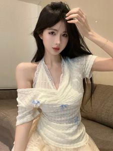 GUZILIAN | French Lace Splice Fake Two-Piece Hanging Neck Short Sleeve T-Shirt Women Summer Design Butterfly Drawstring Slimming Shoulder Exposure Top