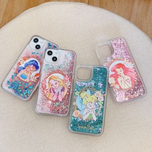 Pretty Princess Mermaid Ariel Rapunzel Jasmine Tinker Bell Phone Case with Bling Bling Glitter Quicksand For iPhone 16 Pro Max 15 Pro Max 14 Pro Max Plus Shockproof Back Cover for iPhone 11 12 13 Pro Max X XR XS Max 6s 7 8 Plus Back Shell