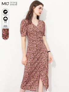 Mo | Summer 2025 Elegant High Waist A-Line Skirt V-Neck Pleated Chiffon Dress Belly Covering Open Split Floral Print Soft Polyester