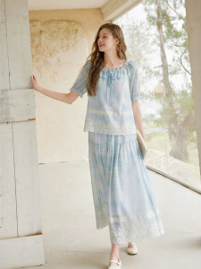 XIANGYING | Blue Embroidered Lace Dress Set