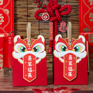 Red New Year Gift Bag Lion Head Handheld Baking Candy Cookie Snowflake Snack Handbag Wedding Celebration Paper Bag