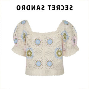 เสื้อถักแขนสั้นลายดอกไม้หวานๆ สำหรับผู้หญิงในช่วงฤดูร้อนปี 2024 เสื้อผ้าทำงานสไตล์เกาหลีคอวีแขนสั้นลายดอกไม้