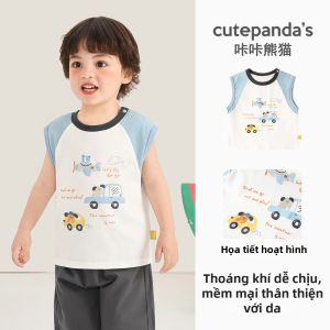 CUTEPANDAS | Áo Thun Ngắn Tay Thông Gió Bông Cartoon Cho Bé Trai
