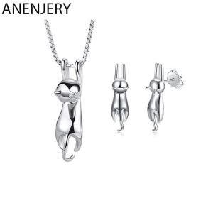 ANENJERY Silver Color Elegant Cute Cat Jewelry Set Necklace And Earrings Wedding Bridal Jewelry Sets for Women