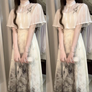 Original Designer Gift Watercolor Winter River New Chinese Style Womens National Fashion Improved Han Element Top And Dress Set