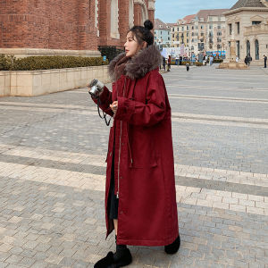 Red Long Ankle-Length Thickened Fleece Womens Cotton Jacket Winter New Style Large Size Coat Korean Style Commute Pure Color