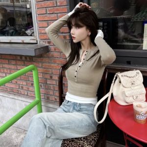 Slimming Effect Color Block Base Layer Shirt T-Shirt Top Womens Fashion Korean Style Pure Cotton Long Sleeve Half Open Collar