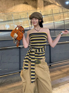 YUEZHONGWEI | Color Block Stripe Tube Top Vest Women Summer Outdoor Wear Waist Cinch Tie Slimming Short Sleeveless Shirt Commute Style