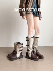 JIAOYU | Vintage Colorblock Motorcycle Boots Buckle