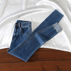 Retro Blue Slim Fit Denim Jeans Womens High Waist Stretchy Tightened Small Size Frayed Casual Cotton Elastic Denim Pants