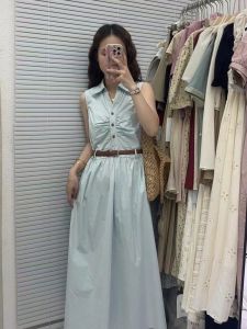 Summer Minimalist Elegant Sleeveless High Waist Elegant Button Lace-up Shirt Dress Womens Mid Length Long Length Waist-Tight A- line Skirt