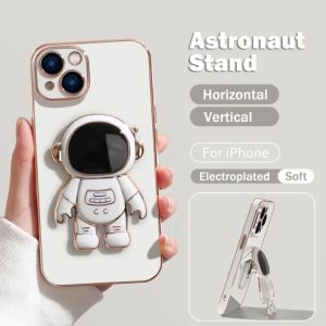 For iPhone 15 14 13 12 11 Pro Max 15 14 Plus Phone Case Fashion Straight Edge Soft Plating Shockproof With Cute Astronaut Stand Holder With Full Cover Camera Protection Phone Case