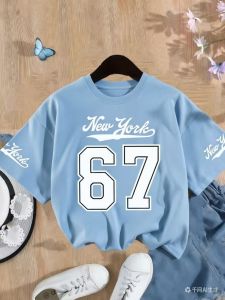 Bandai | 2026 New Girls Pure Cotton T-shirt No.67 New York Print Short Sleeve Pink Elastic Round Neck Kids Casual Top